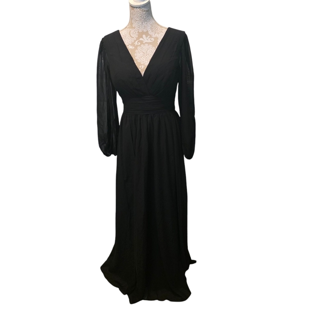 Nwt Lavetir Chiffon Long Black Sheer Sleeve Laceup Back Maxi Evening Gown
